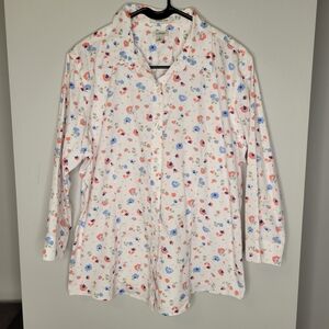 L.L. Bean White Blouse with Coral and Light Blue Floral Print Sz. L